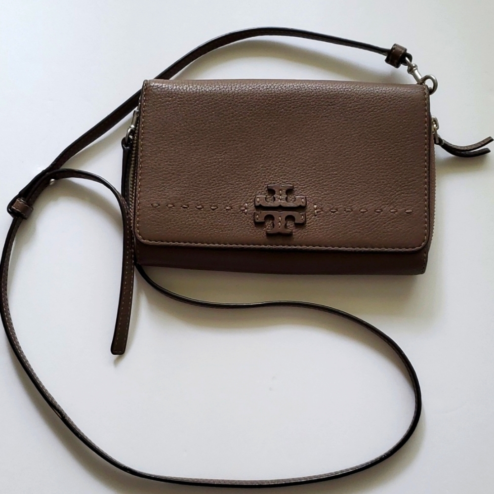 TORY BURCH MCGRAW Clutch Crossbody Handbag Bag Pebble Authentic Leather Brown